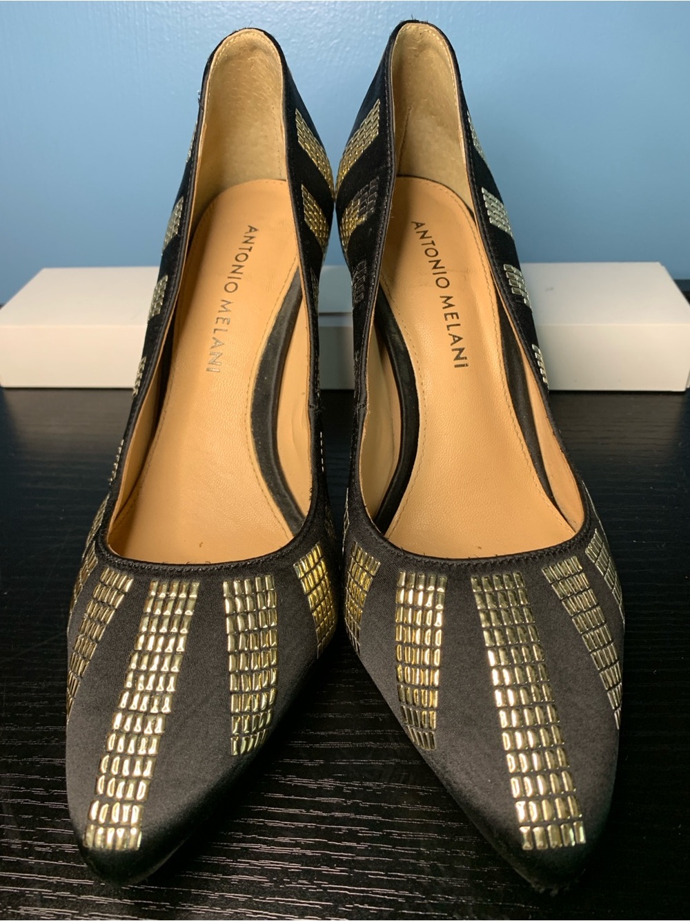 ANTONIO MELANI Black Pointed Pumps with Gold Patch Embellishments